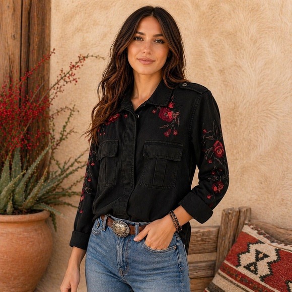 Rails Tops - Rails Women's Elliot Floral Embroidered Utility Shirt‎ Jacket Black Small Boho